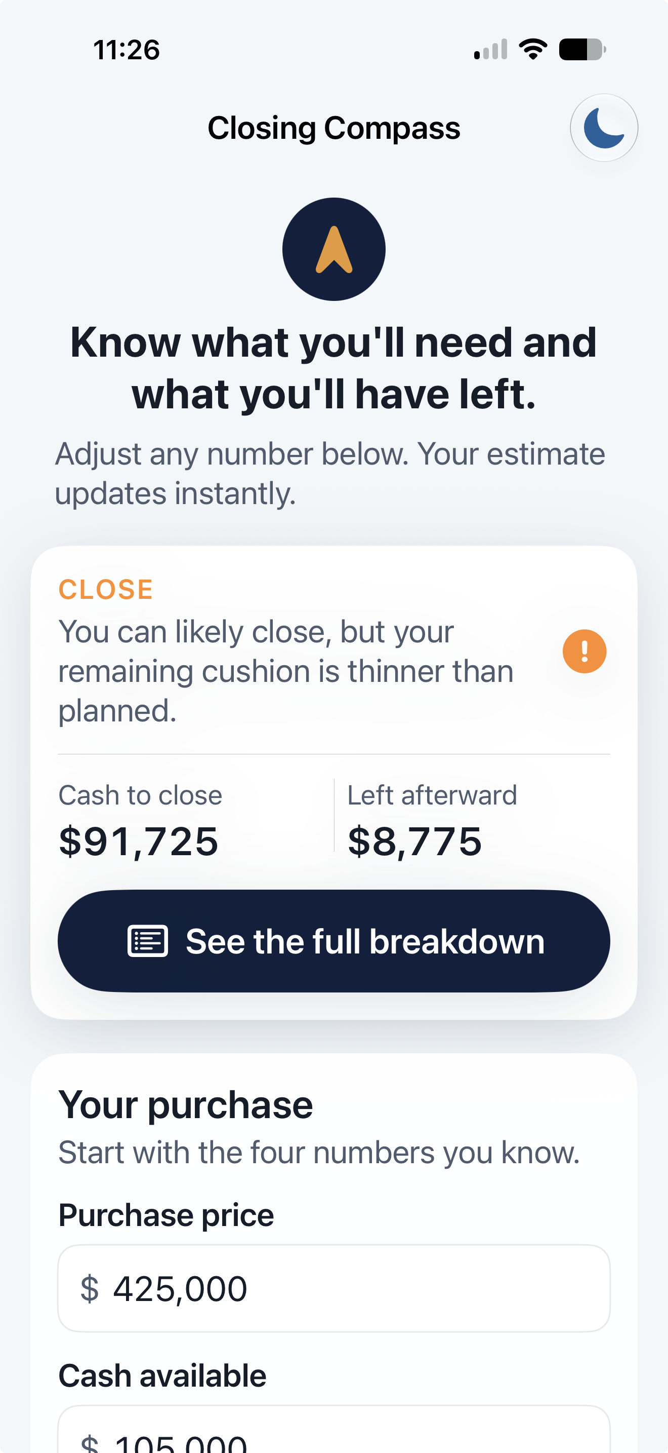 Closing Compass app showing a home closing estimate
